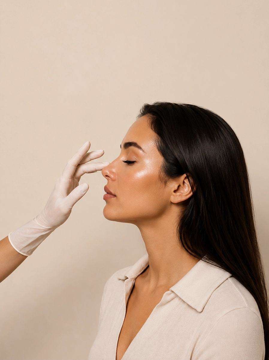 Médico con guante evaluando el perfil nasal de una mujer para tratamiento de rinomodelación sin cirugía
