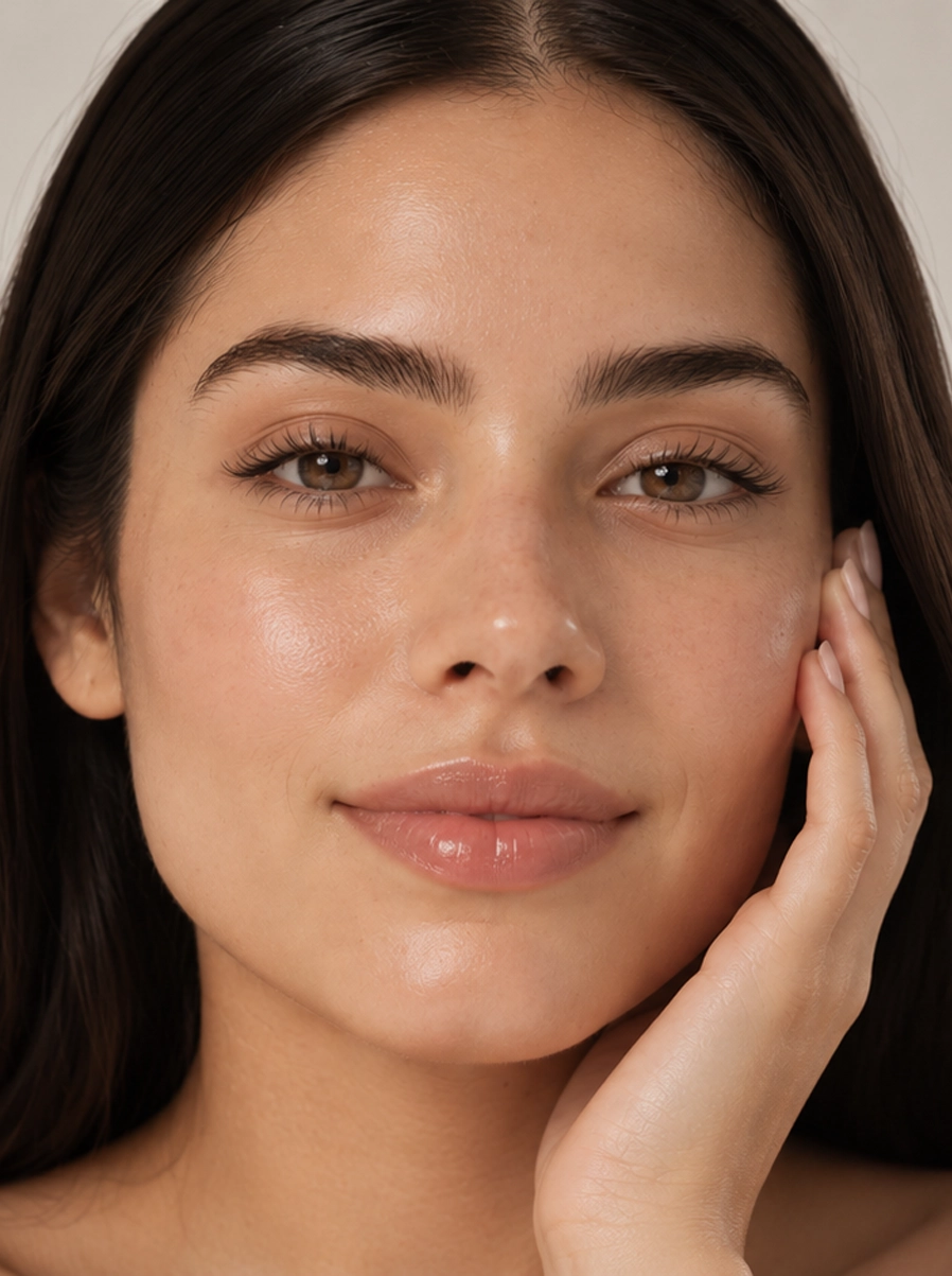 Mujer aplicando tratamiento de hidratación facial con expresión relajada y alegre.